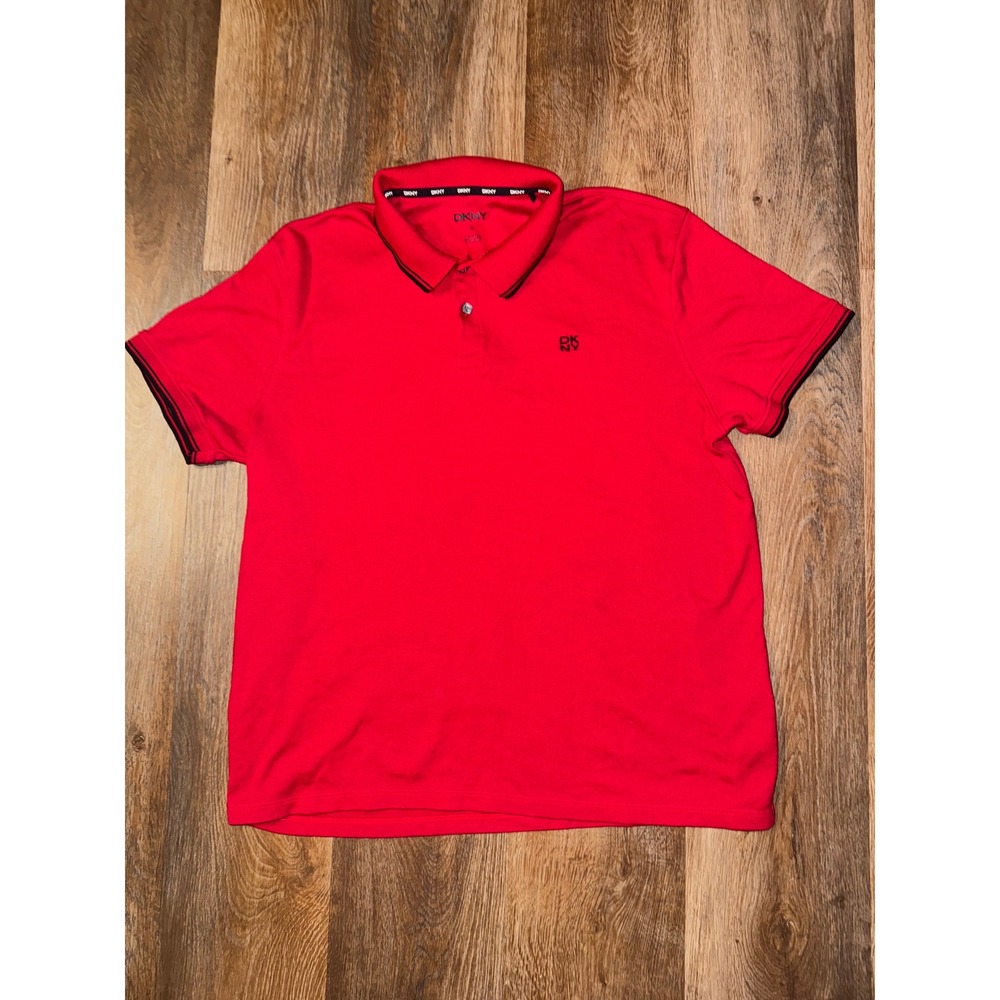 DKNY Mens Red‎ Short Sleeve Polo Shirt XL Contrast Trim Logo